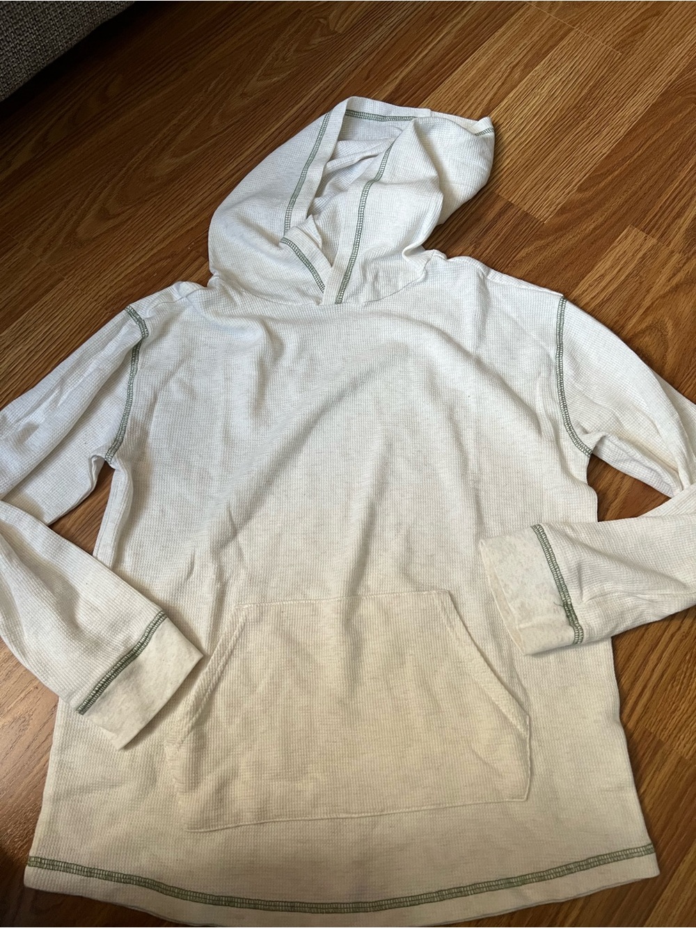 Kids Hooded Pullover Sweatshirt in Off-White with Green Stitching